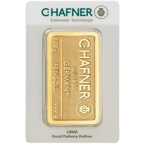 Слиток C.HAFNER 100 г., цена за грамм уточните на сайте на 2026.10.03. Золото . Передняя сторона