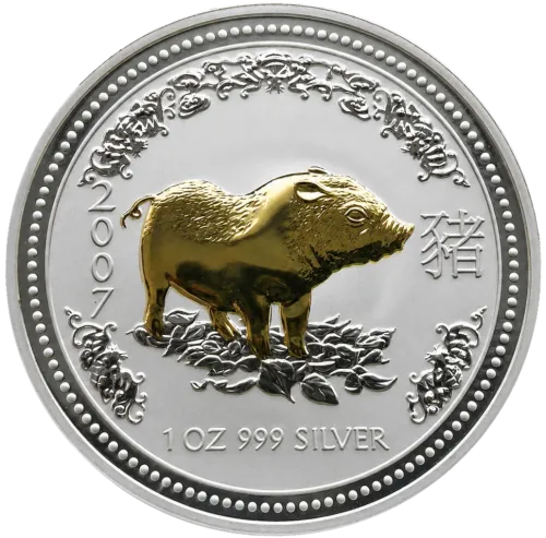 Монета серебряная “позолоченная год свиньи” 31,1 г, цена за грамм 5.75 USD на 2026.10.03. Монеты . Передняя сторона