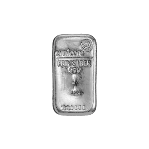 Слиток серебряный UMICORE 250 г., цена за грамм 2.15 USD на 2026.10.03. Серебро . Передняя сторона