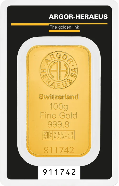 Слиток Argor-Heraeus 100 г., цена за грамм 144.00 USD на 2026.10.03. Золото . Передняя сторона