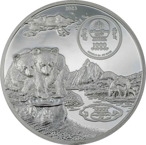 Монета серебряная "BROWN BEAR Growing Up 1000 тугриков" 62,2 г, цена за грамм 10.06 USD на 2026.10.03. Монеты . Задняя сторона