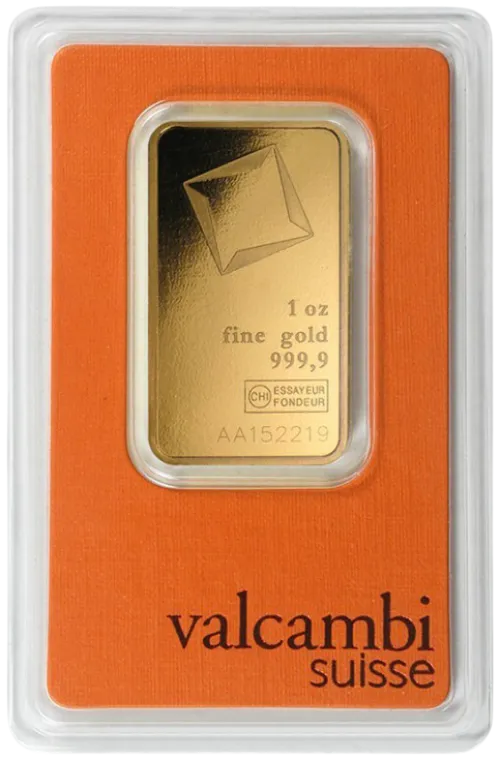 Слиток Valcambi 1 унц., цена за грамм 144.60 USD на 2026.10.03. Золото . Передняя сторона