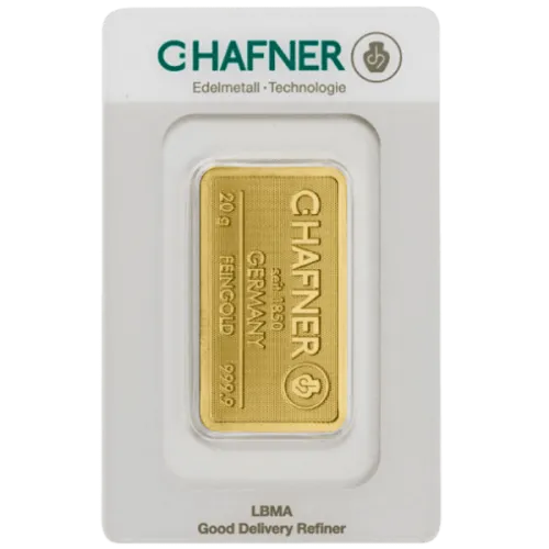 Слиток C.HAFNER 20 г., цена за грамм 149.00 USD на 2026.10.03. Золото . Передняя сторона
