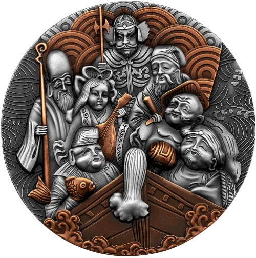 Монета серебряная "Seven Gods of fortune" 62,2 г, цена за грамм 8.98 USD на 2026.10.03. Монеты . Передняя сторона