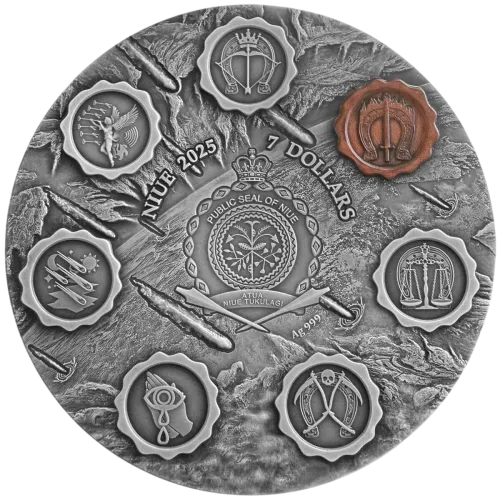 Монета серебряная "SEVEN SEALS OF THE APOCALYPSE" 93,3г, цена за грамм 9.54 USD на 2026.10.03. Монеты . Задняя сторона