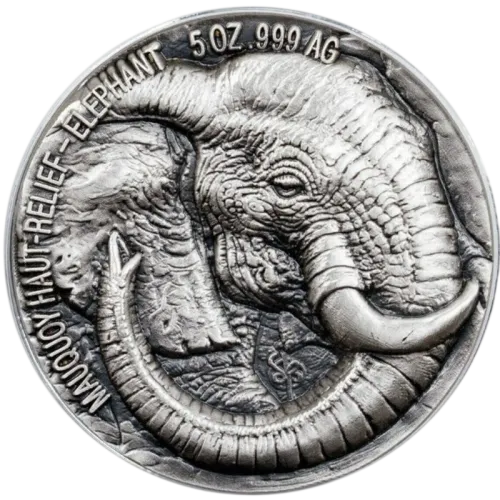 Монета серебряная "Elephant 5000 Francs CFA" 155,5 г, цена за грамм 8.62 USD на 2026.10.03. Монеты . Передняя сторона