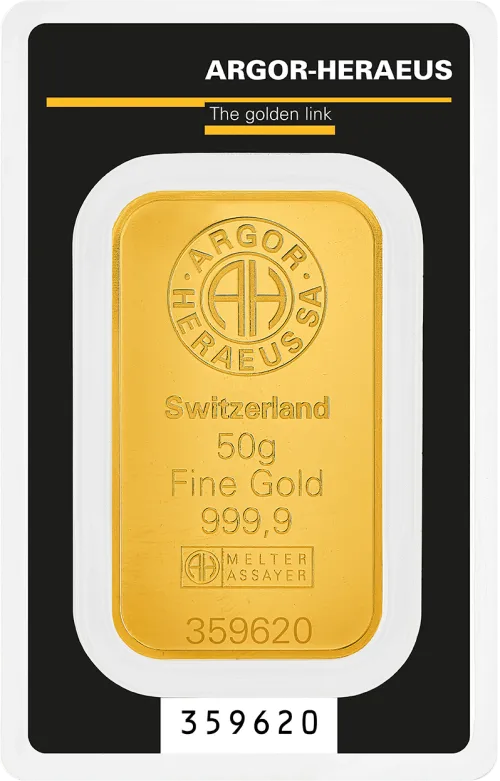 Слиток Argor-Heraeus 50 г., цена за грамм 145.00 USD на 2026.10.03. Золото . Передняя сторона
