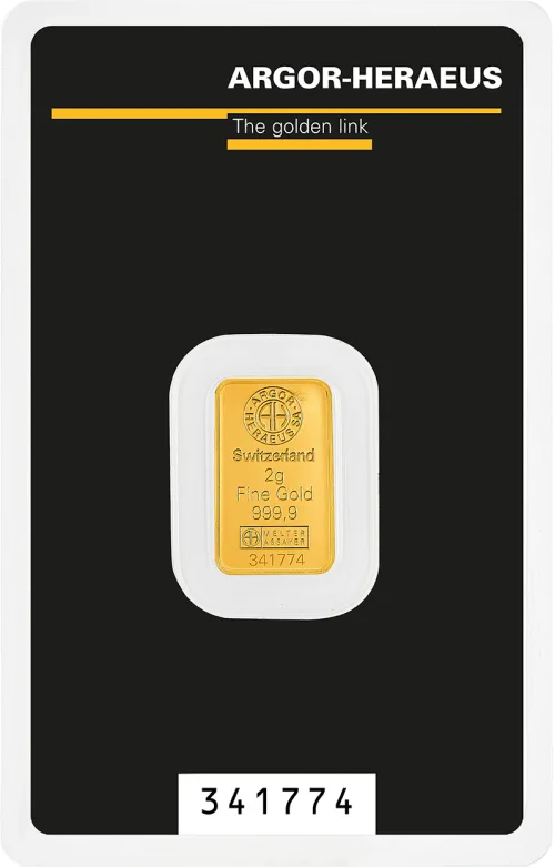 Слиток Argor-Heraeus 2 г., цена за грамм 171.00 USD на 2026.10.03. Золото . Передняя сторона