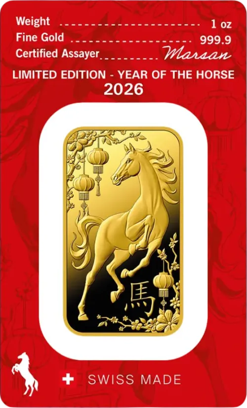 Слиток Argor-Heraeus "Год лошади 2026" 1 унц., цена за грамм 160.00 USD на 2026.10.03. Золото . Задняя сторона
