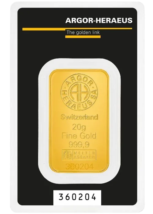 Слиток Argor-Heraeus Kinebar 20 г., цена за грамм уточните на сайте на 2026.10.03. Золото . Передняя сторона