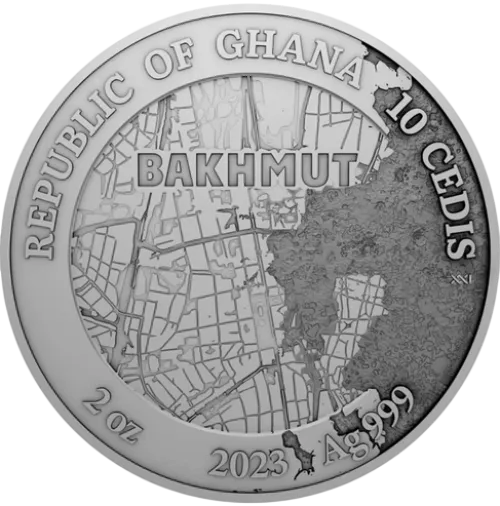 Монета серебряная “Фортеця Бахмут” 62,2 г, цена за грамм 10.06 USD на 2026.10.03. Монеты . Задняя сторона