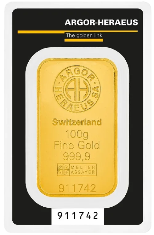 Слиток Argor-Heraeus Kinebar 100 г., цена за грамм уточните на сайте на 2026.10.03. Золото . Передняя сторона