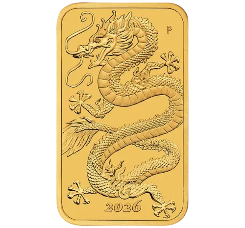 Монета золотая Прямоугольная "Год дракона" 31,1 г, цена за грамм 153.00 USD на 2026.10.03. Монеты . Передняя сторона