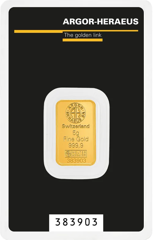 Слиток Argor-Heraeus 5 г., цена за грамм 154.00 USD на 2026.10.03. Золото . Передняя сторона