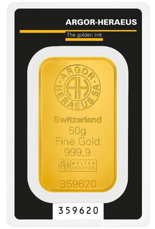 Слиток Argor-Heraeus Kinebar 50 г., цена за грамм уточните на сайте на 2026.10.03. Золото . Передняя сторона
