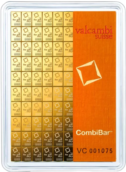 Слиток Valcambi CombiBar 100 г., цена за грамм уточните на сайте на 2026.10.03. Золото . Передняя сторона