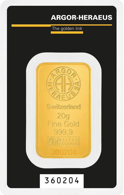 Слиток Argor-Heraeus 20 г., цена за грамм 150.00 USD на 2026.10.03. Золото . Передняя сторона