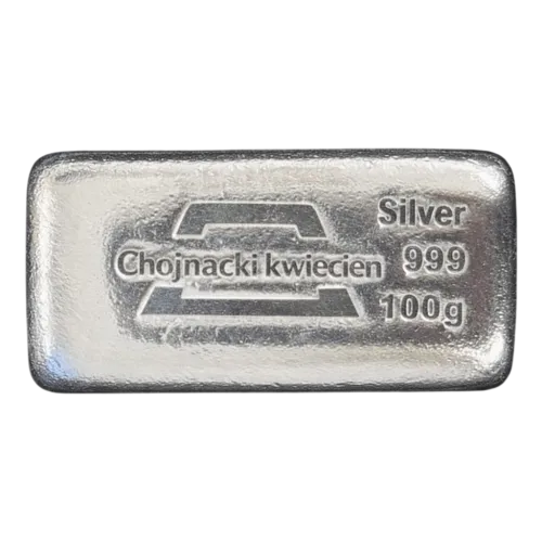 Слиток серебряный литой "Chojnacki kwiecień" 100 г., цена за грамм 2.60 USD на 2026.10.03. Серебро . Передняя сторона