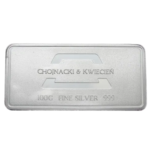 Слиток серебряный "Chojnacki kwiecień" 100 г., цена за грамм 2.60 USD на 2026.10.03. Серебро . Передняя сторона